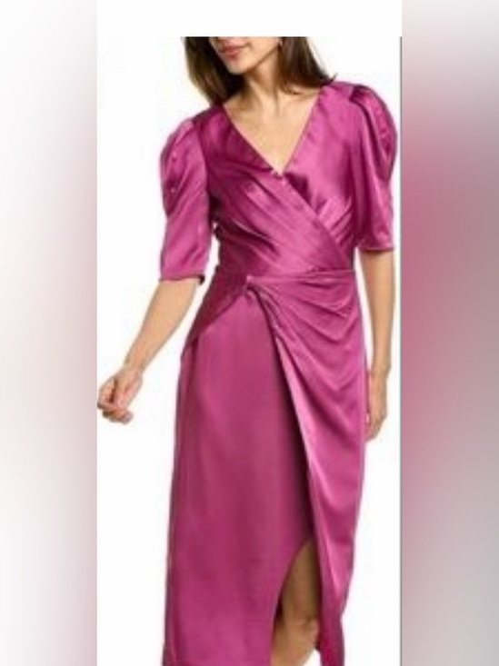 Theia Dresses & Skirts - Theia Satin Fuchsia Wrap Midi Dress